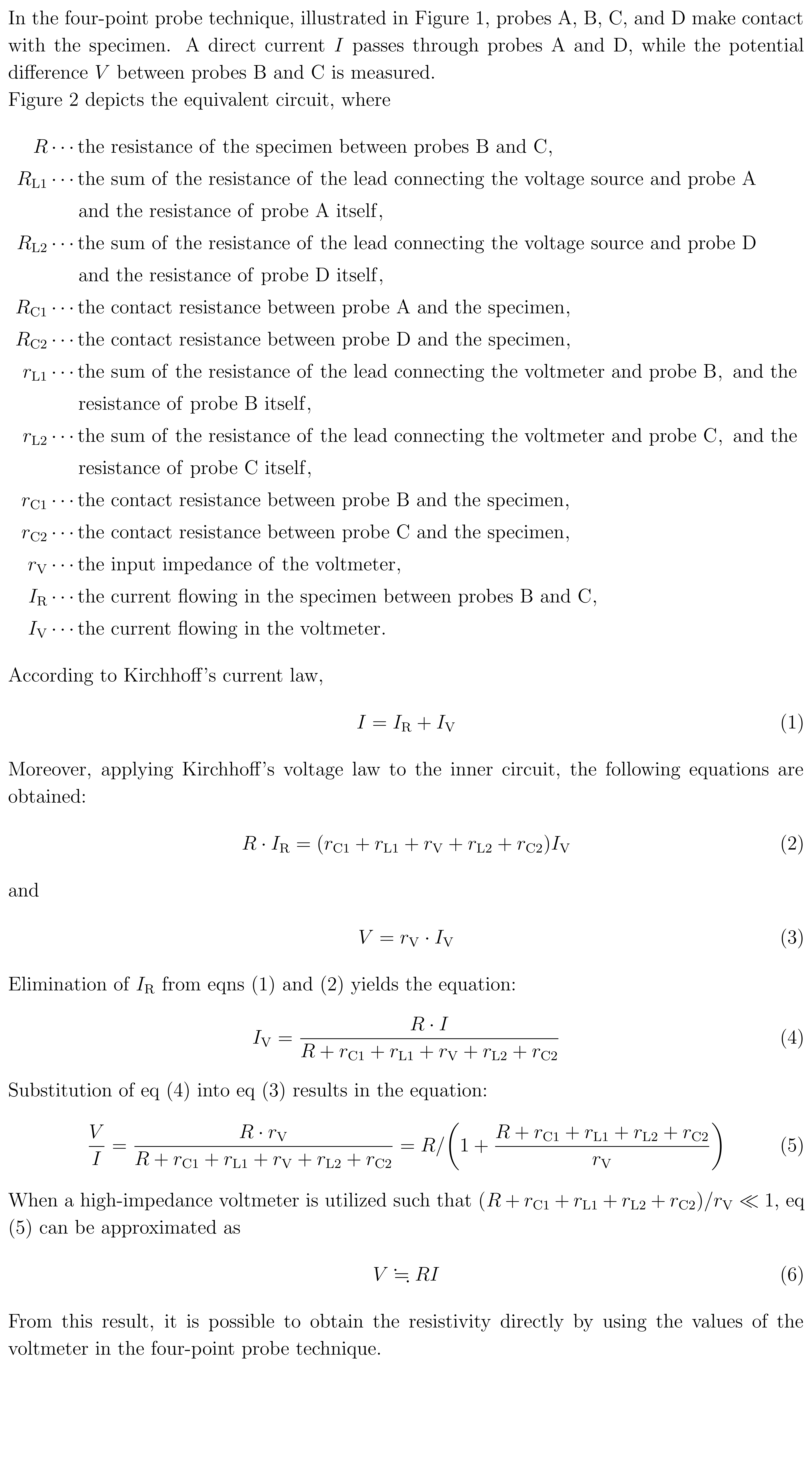 Caption of the four-point probe technique and its equivalent circuit