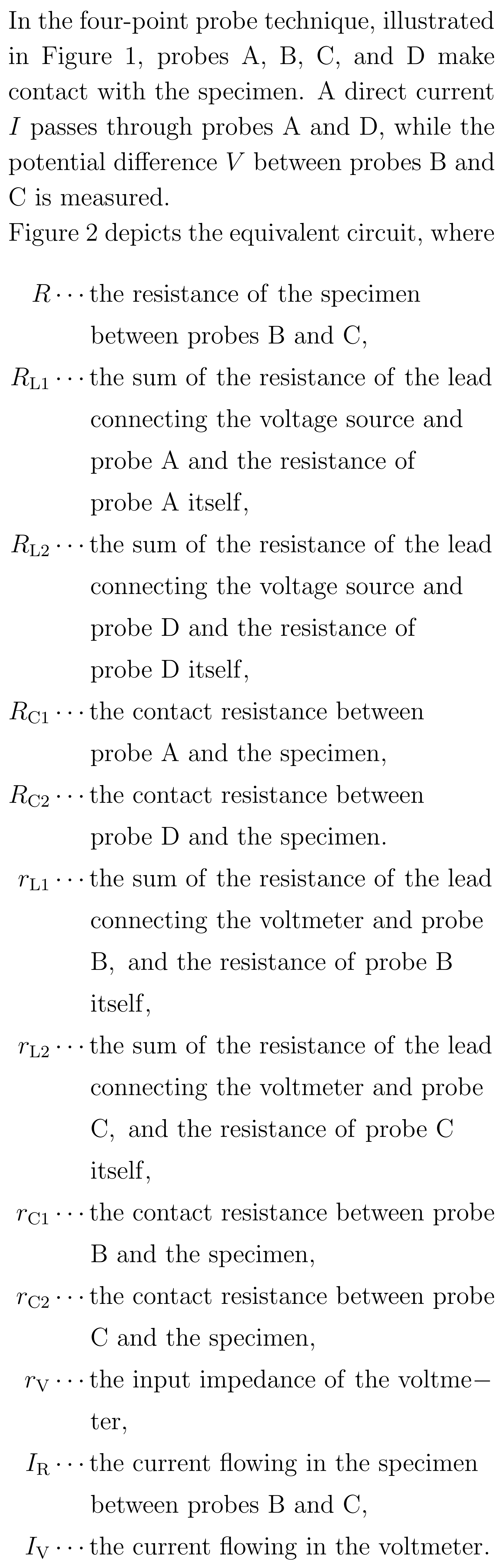 Caption of the four-point probe technique and its equivalent circuit